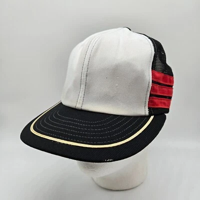 Vintage 1980s 3 Three Stripe Snapback Hat Trucker Mesh Blank Original Black Red - Image 1 of 4