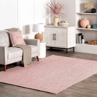 Rug Carpet Jute Pink Natural Handmade Braided Farmhouse Decor Rugs For Bedroom - Image 1 of 4