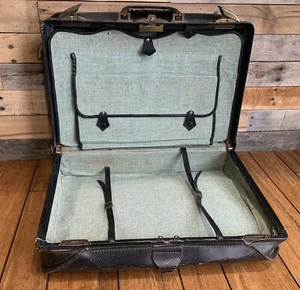 Vintage 1920s Black Leather Suitcase Travel Train Case Luggage Straps Antique - Picture 1 of 21