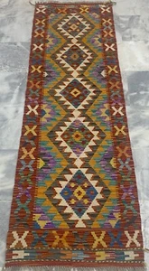 Alfombra de salón Kilim de lana multicolor azteca geométrica hecha a mano afgana 60x190 cm - Imagen 1 de 3