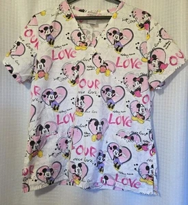 DISNEY Scrub Top Mickey Mouse Minnie Love Nurse Medical Womens Size L - Picture 1 of 9