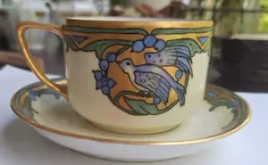Rare Rosenthal (?) Cup Saucer Yellow Gilded Blue Bird of Happiness Hand Painted - Picture 1 of 18