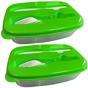2 x LUNCH BOX KNIFE & FORK food containers dinner sandwich picnic school green - Picture 1 of 4