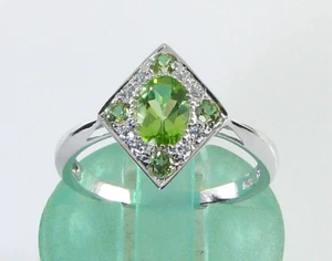 CLASS 9CT 9k WHITE GOLD PERIDOT DIAMOND ART DECO INS RING FREE RESIZE - Picture 1 of 5