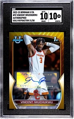 2022-23 Bowman Chrome U Vincent Iwuchukwu #92 Gold Refractor  Auto  31/50 SGC 10 - Image 1 of 2