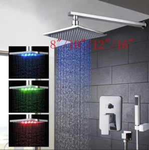 Chrome LED 8"/10"/12"/16" Rain Bathroom Shower Head Hand Spray Mixer Faucet Taps - Picture 1 of 32