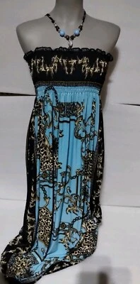 Maxi Vestido Sin Tirantes Azul Elastizado Poliéster Largo Chesley M Madera Cuentas Guepardo Foto 1 de 4