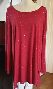 Slinky Brand Red Tunic Blouse Sz 1X XL Gold Polka Dot Long Sleeve Side Slits - Picture 1 of 10