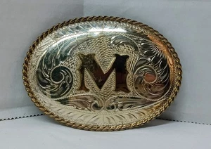 Fibbia cintura western vintage B-K argento sterling lettera anteriore M cowboy Phoenix AZ - Foto 1 di 8