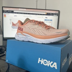 Hoka One One Clifton 8 Womens Size 7 B Orange Athletic Running Shoes Sneakers - Picture 1 of 6