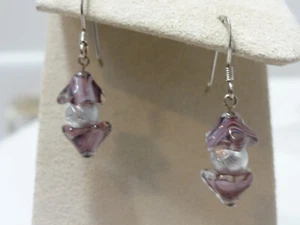 Purple & Silver Glass Bead ~ 925 Sterling Silver Fish Hook Earrings - Picture 1 of 6