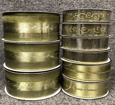 Lot Of 9 Vintage Green Christmas Spools Of Ribbon (3)1 1/2” (2)7/8” (4)5/8” New - Image 1 of 4