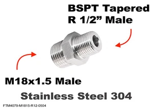 M18x1.5 to BSPT Tapered R 1/2" Male Stainless Sensor Adaptor Fittings Conversion - Picture 1 of 4
