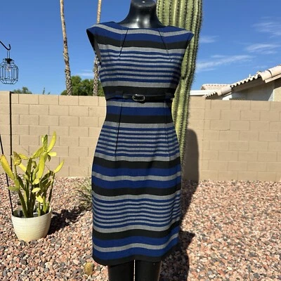 Vestido Vaina Mujer Calvin Klein Azul Rayas Plisado Talla 4 Manga Casquillo Foto 1 de 4