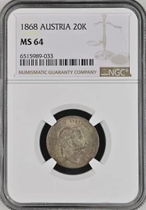 AUSTRIA , SILVER 20 KREUZER 1868 - NGC MS 64 , RAREK - Picture 1 of 4