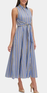 Tommy Hilfiger BLUE/SUNSHINE Women's Striped Tie-Front Maxi Shirtdress, US 12 - Picture 1 of 1