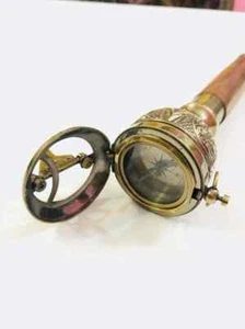 Antique Brass Compass Sundial On Top Vintage 3 fold Wooden Walking Stick Cane - Picture 1 of 3