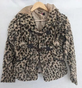 New Look Faux Fur Leopard Pattern Pom Pom Duffle Coat Ladies Size 8 Multi Hooded - Picture 1 of 12
