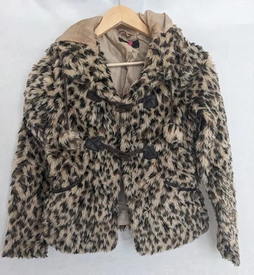 New Look Faux Fur Leopard Pattern Pom Pom Duffle Coat Ladies Size 8 Multi Hooded - Image 1 of 4