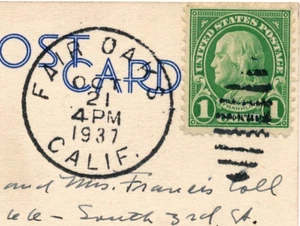 FAIR OAKS CALIF. OVATE BARRED DUPLEX CANCEL. 1937. BEAUTIFUL STRIKE. ON PC. - Picture 1 of 3