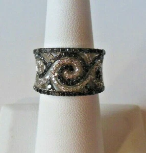 Signed JS 925 Sterling Silver Filigree Ring /W Black & Clear Diamonds Size 7 - Picture 1 of 4