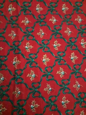 Christmas Fabric 4yds Dark Red Green Ribbons Cranston Print Works Pls Read - Image 1 of 4