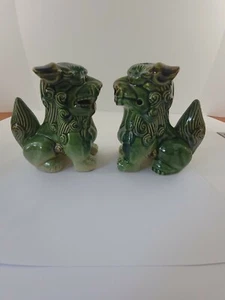 "Par de cerámica de porcelana china vintage Foo Dogs Fu Lions azul verde 51/4" - Imagen 1 de 11