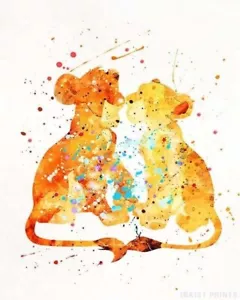 Simba and Nala Watercolor Print Disney Nursery Decor Lion King For Kids Decor - Picture 1 of 1