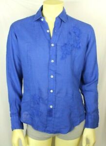 Claudio Milano Men's Shirt Blue Linen Embroidered Size M (V762)