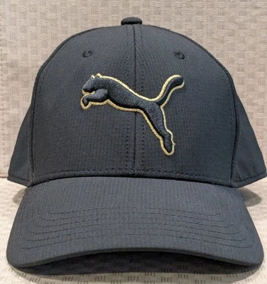 Sombrero ajustado PUMA negro pequeño/mediano amarillo contorno bordado logotipo elástico 6 paneles Foto 1 de 4