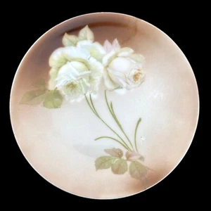 Piatto decorativo vintage Baviera dipinto a mano 6" rose bianche floreali marrone crema - Foto 1 di 8