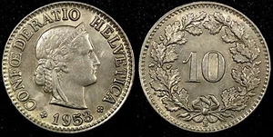 Switzerland Copper-Nickel 1953 B 10 Rappen UNC Toned KM# 27 (24 069) - Foto 1 di 3