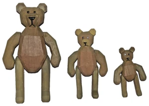 3 osos de peluche de madera articulada articulada tallados a mano de arte popular 4 1/2" 6" 8 1/4" - Imagen 1 de 3