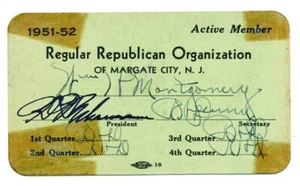 1951- 1952 REGULAR REPUBLICAN ORGANIZATION OF MARGATE CITY N. J. MEMBERSHIP CARD - Picture 1 of 2