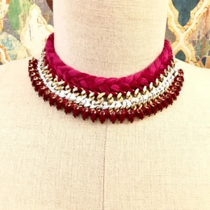 Ann taylor Loft Women's Braided Gold Link Fringe Necklace NWT 49.50 Magenta - Picture 1 of 4