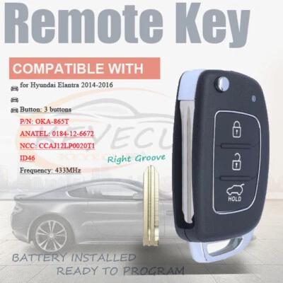 2014 2015 2016 for Hyundai Elantra Remote Key Fob 3 Buttons OKA-865T 433MHz ID46 - Image 1 of 4