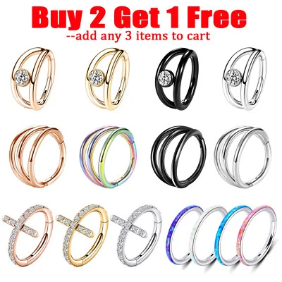 16G Opal CZ Nose Hoop Ring Septum Clicker Surgical Steel Daith Tragus Piercing - Image 1 of 4