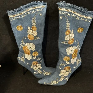 Women's Darling Boots Embroidered Floral Suede High Heels Boots Denim Size 6 - Picture 1 of 10