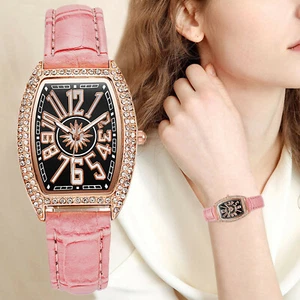 Womens Casual Watch Leather Wrist Watch Rectangle Diamond Analogue Wrist Watch - Picture 1 of 15