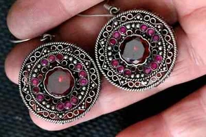 Rare Heavy Sterling Silver Filigree Earrings Ruby - Ethnic Handcrafted Jewelry - Picture 1 of 5