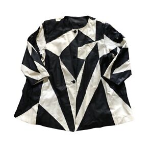 Via Accenti Vintage Black & White Geometric Mid Length Leather Jacket - 2X