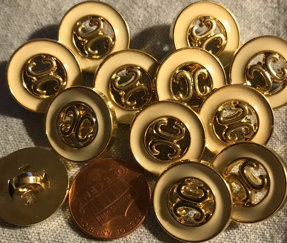 12 Shiny Gold Tone PLASTIC & Cream Pierced Shank Buttons 11/16" 18MM Lot # 3723 - Image 1 of 1
