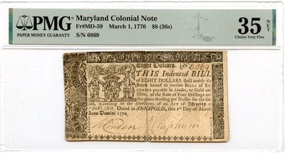 Maryland Colonial Note Fr#MD-59 March 1, 1770 $8 PMG VF-35 - Image 1 of 2