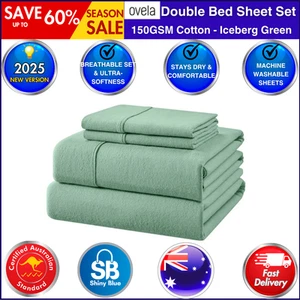 Ovela 150GSM Cotton Flannelette Bed Sheet Set Green Double Size Pillowcase Cover - Picture 1 of 6