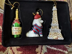 Vtg Christmas France Ornaments Set. Champagne. Poodle. Eifel. In The Box. Glass - Picture 1 of 7