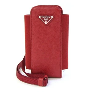 PRADA Smartphone Case 1ZT019 Red Leather Neck Strap Holder Authentic - Picture 1 of 5