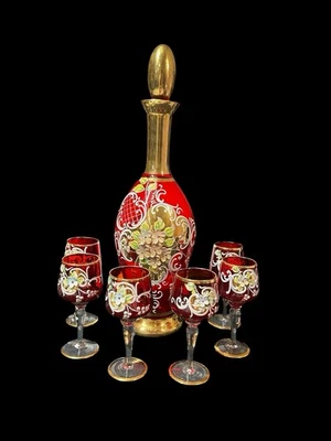 Venetian Ruby Red Crystal Decanter Set 6 Glasses 18K Gold Hand-Blown Italy - Image 1 of 4