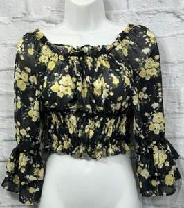 Crop Top Blouse Chiffon Sheer Size 6 Black Yellow Floral Summer Cottage Preppy - Picture 1 of 7