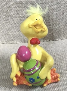 Vintage Kitschy Yellow Duck Holding Easter Eggs Figurine Duckling Whimsical Fun - Picture 1 of 9