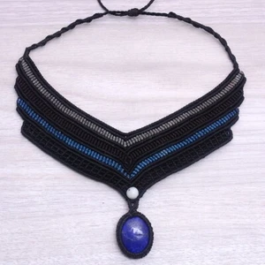 Collar Gargantilla Curativa Macramé Bohemio Piedras Preciosas Lapislázuli Natural Hecho a Mano - Imagen 1 de 8